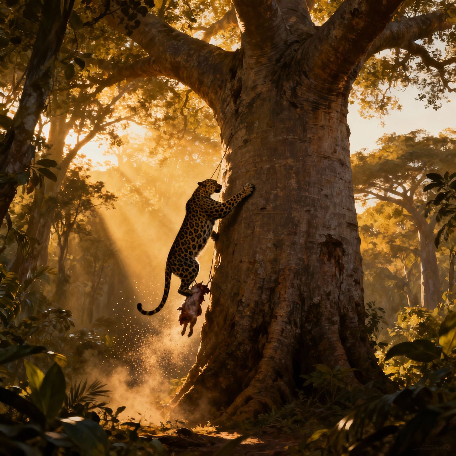 Jaguar Hauling Prey Up Baobab Tree in Golden Hour