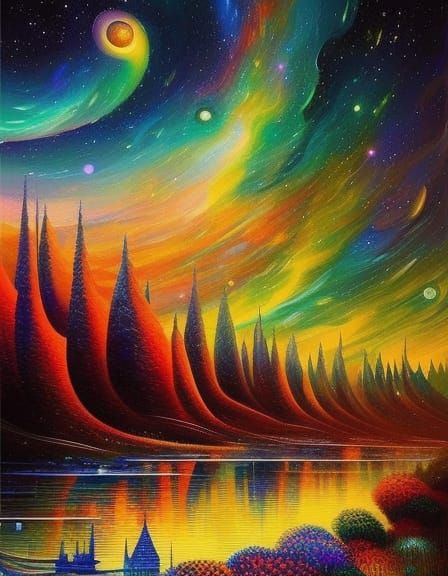 Fairytale Treehouse Village in Pointillism Style