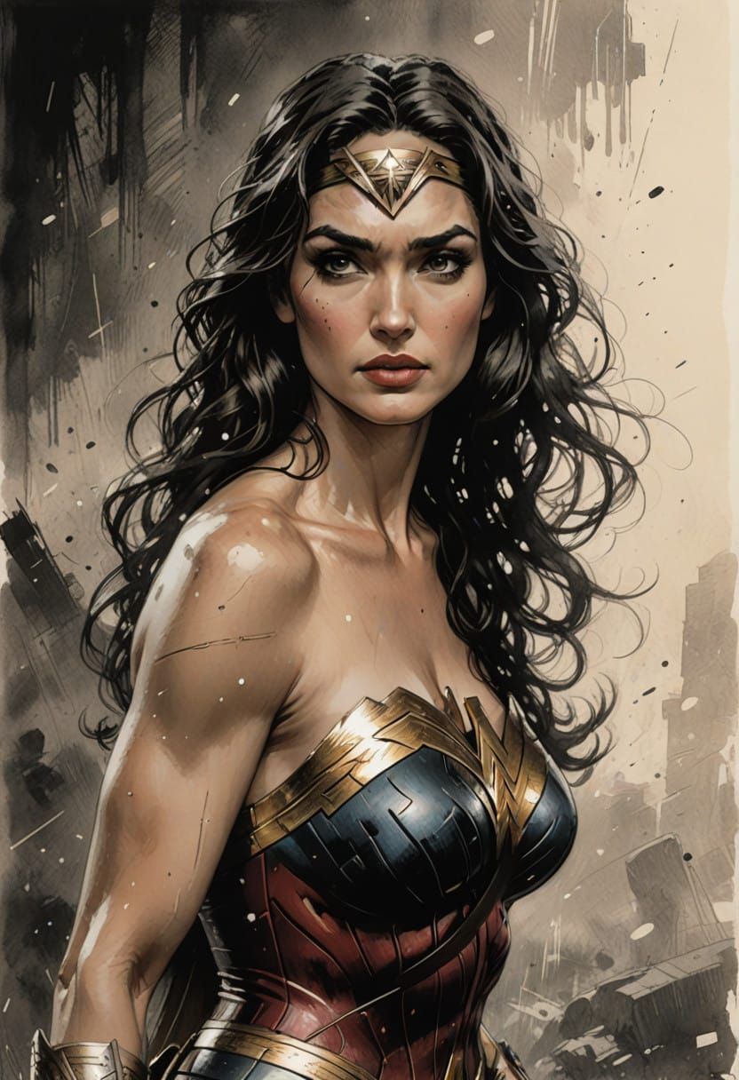 Wonder Woman in Dark, Expressive Illustration Style