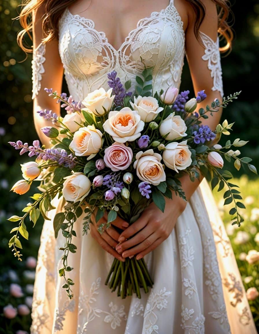 Bride's Hands Holding Wild Spring Wedding Bouquet in Golden ...