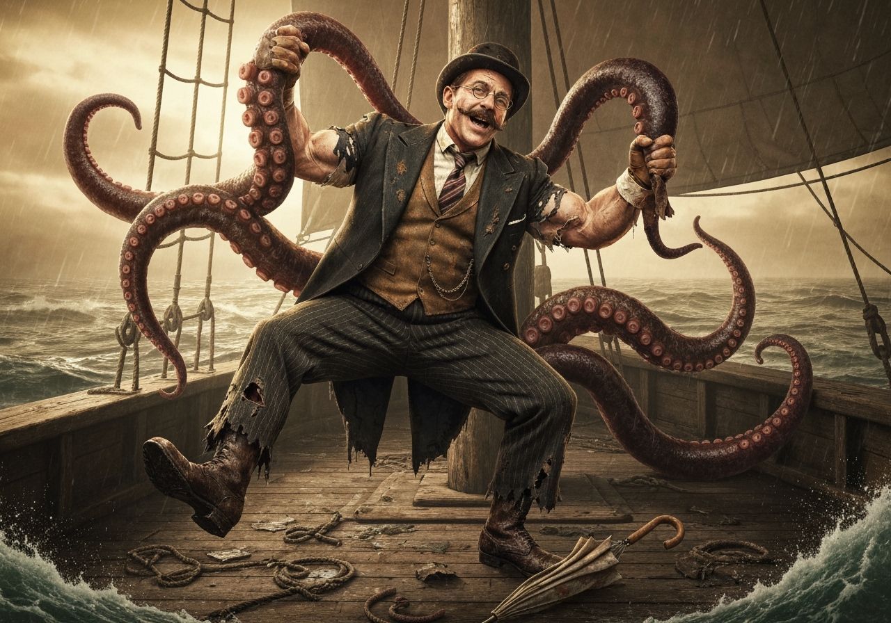 Edwardian Gentleman Wrestles Kraken in Sepia Photograph