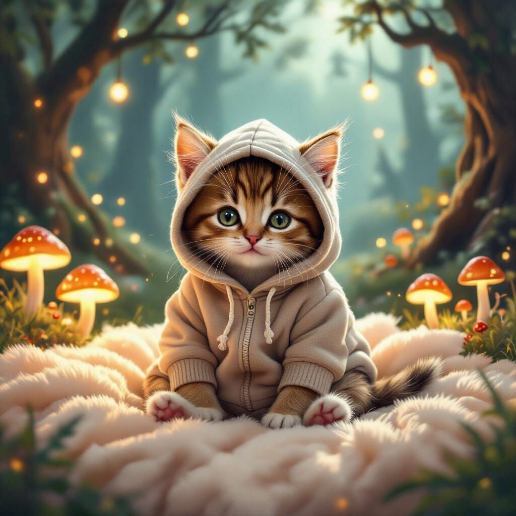 Kitten in Fantasy Forest, Dreamlike Illustration