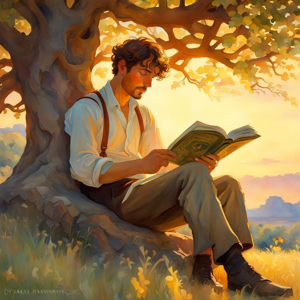 Elegant Man Reading, Gouache Watercolor Impressionist Painti...