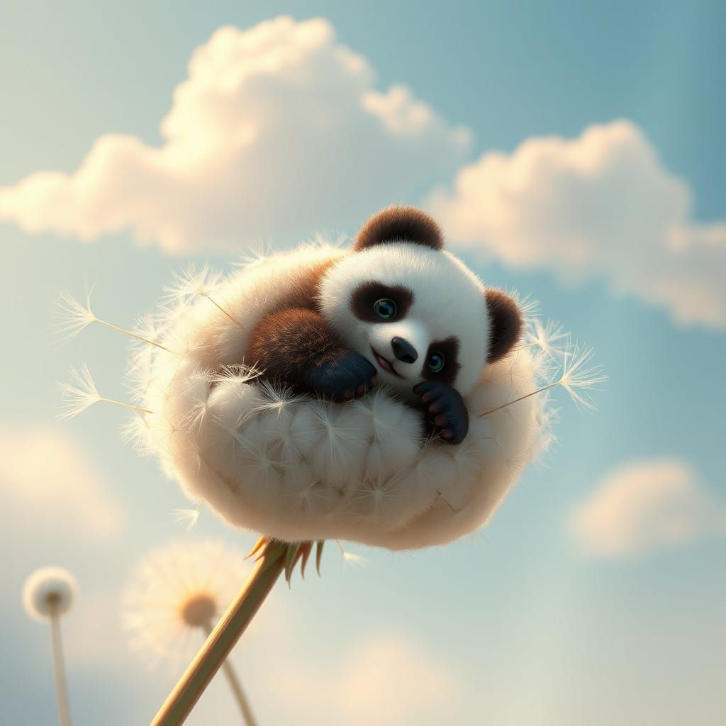 Whimsical Panda Amidst a Dreamy Dandelion