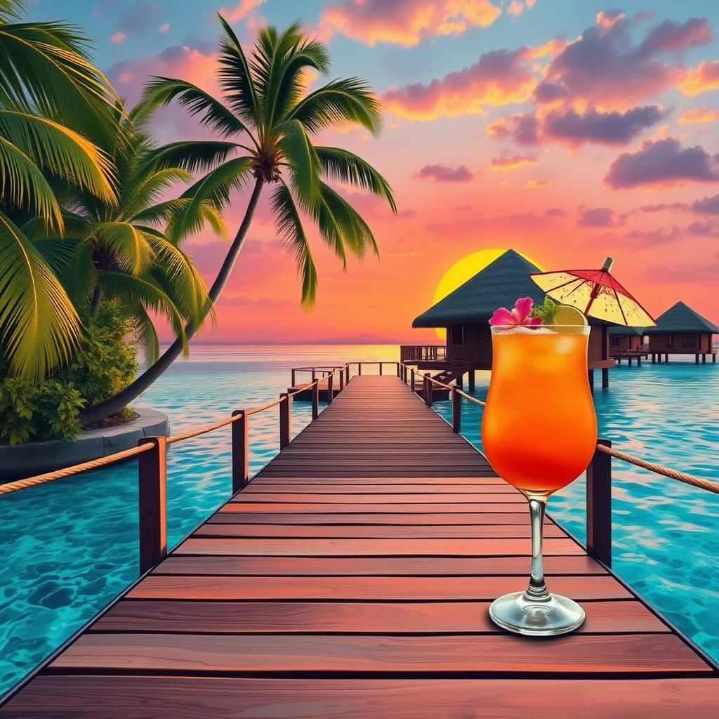 Tropical Sunset Oasis in Art Nouveau Style