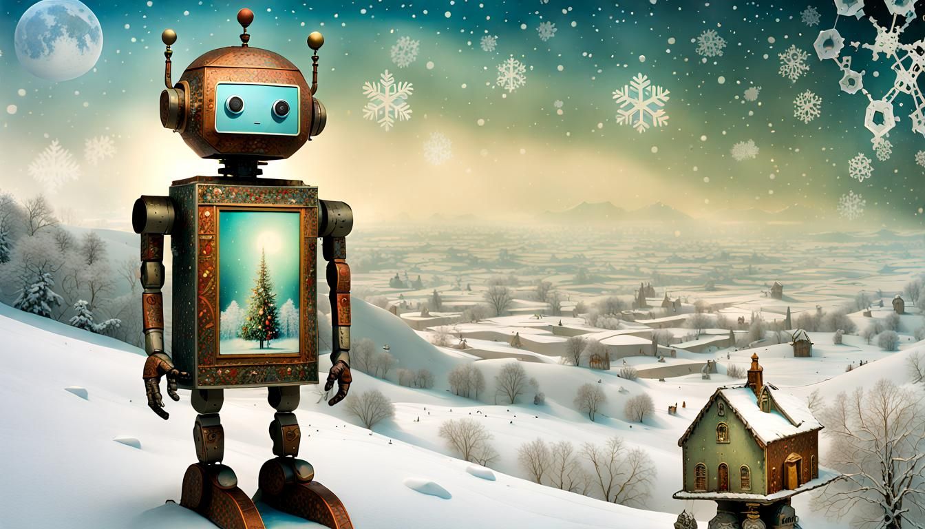 Android Robot Celebrates Christmas in Sci-Fi Landscape