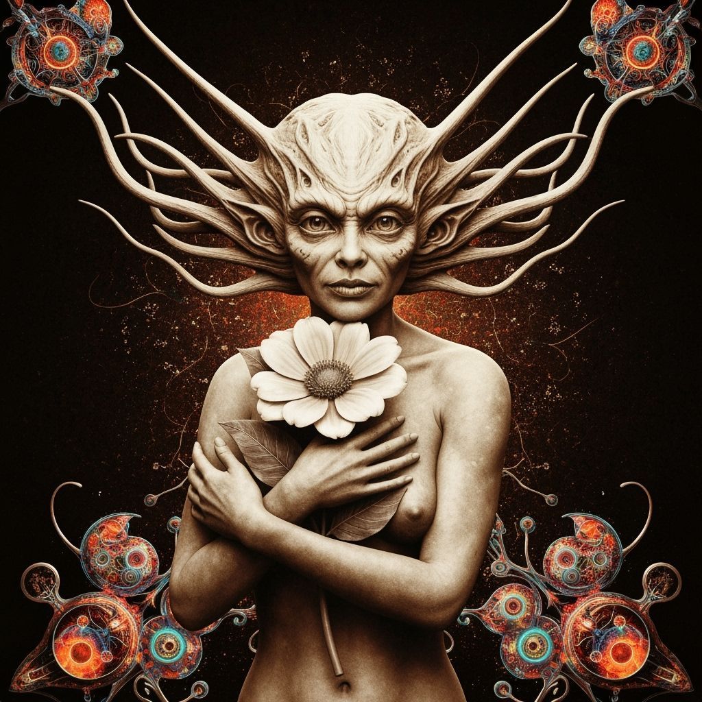 Sepia Photo of Ethereal Being Embracing Flower