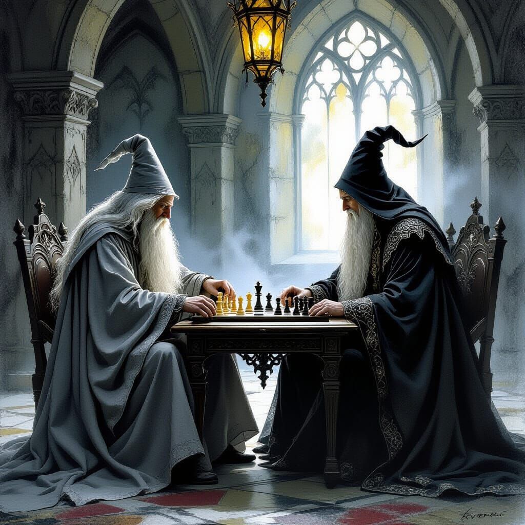 Gandalf and Saruman Play Chess in Mystical Chamber