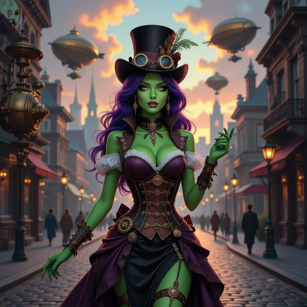 Steampunk Alien Woman Navigates Futuristic City