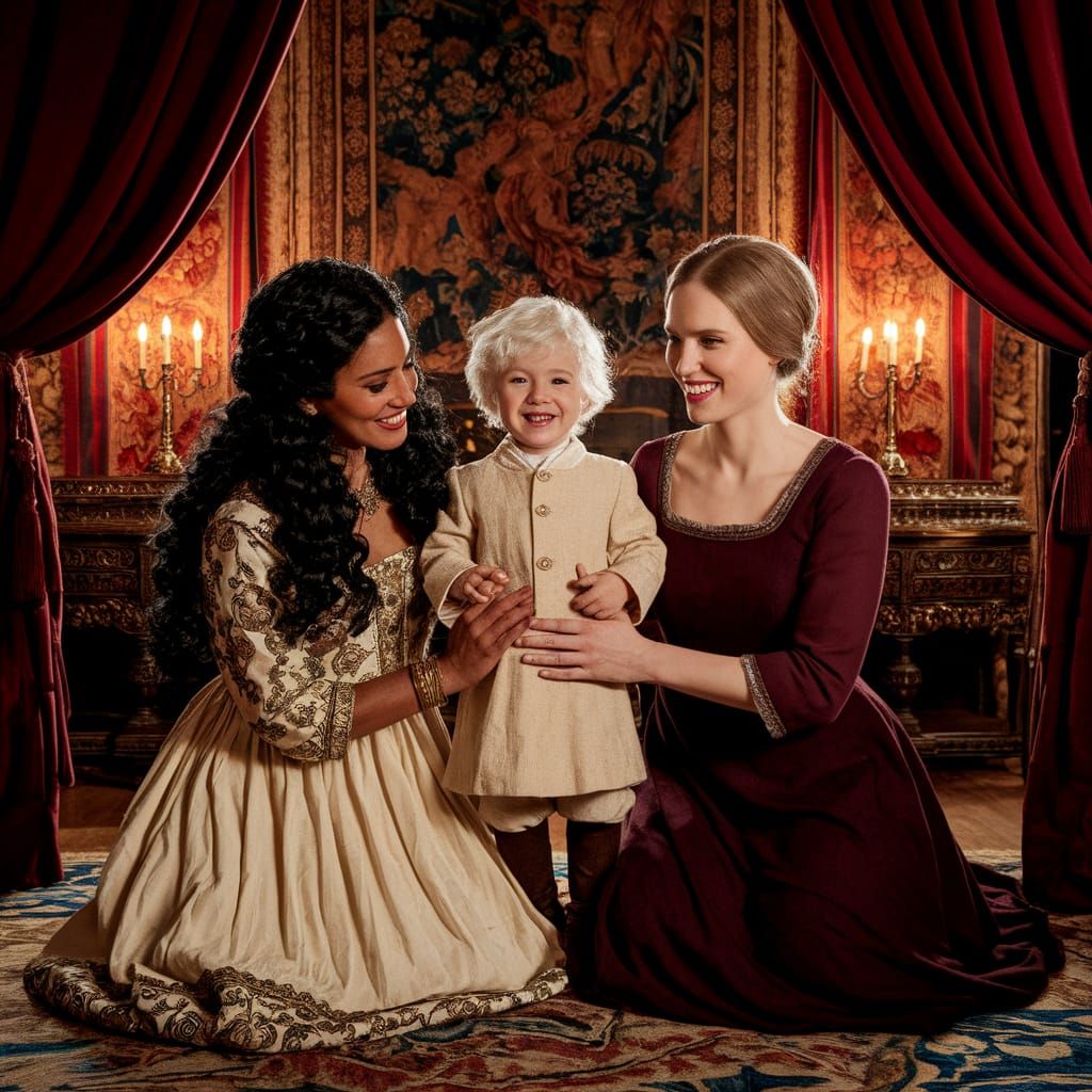 Joyful Boy with Two Mothers in Lavish Room