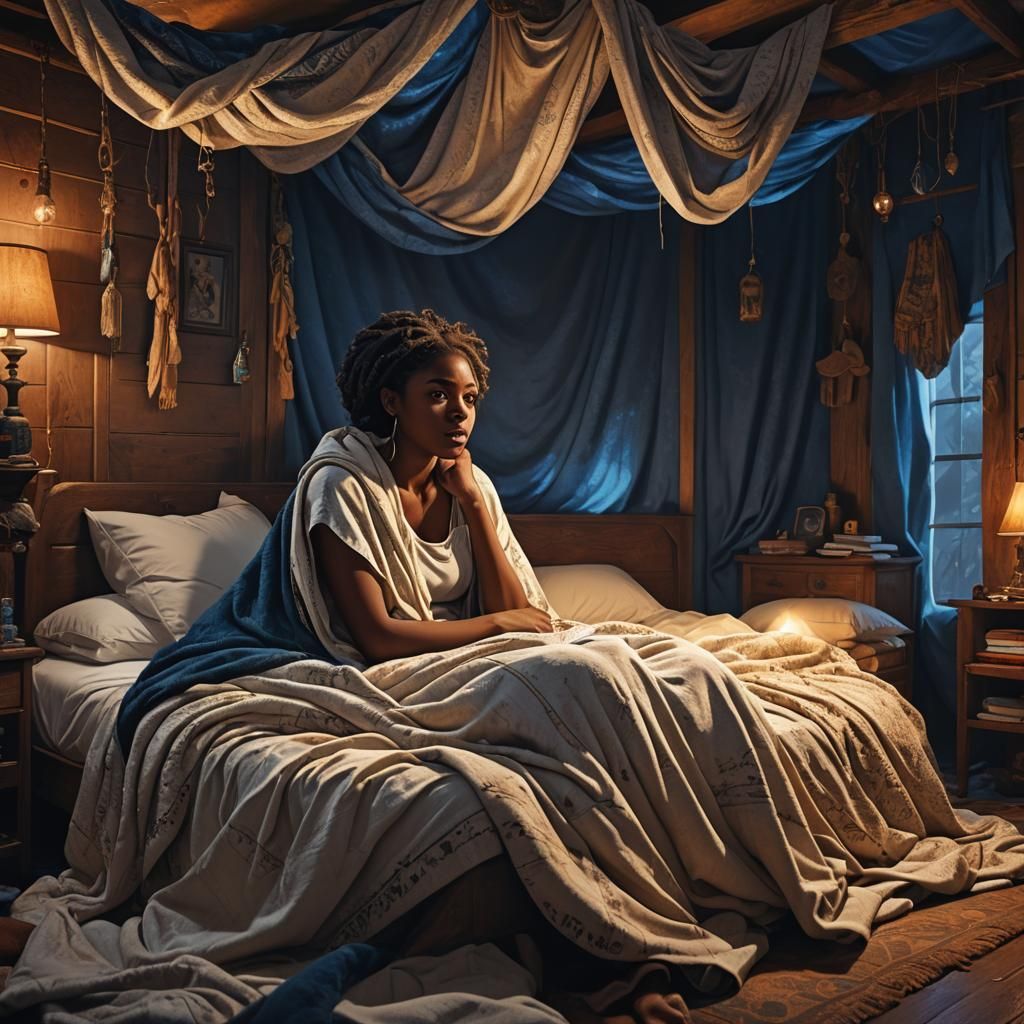 Scared Girl in Bed: Fantasy Matte Painting