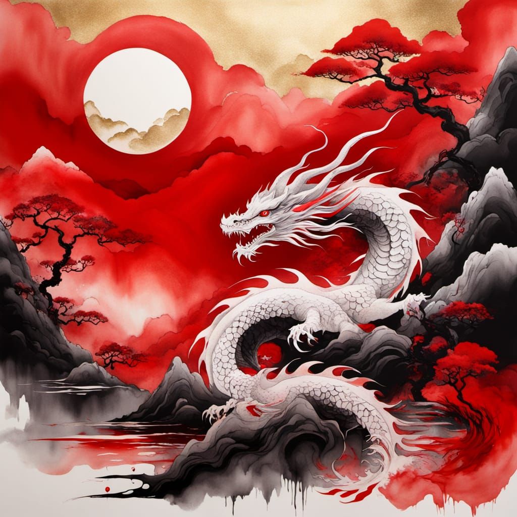 Red Dragon Ink Wash Painting with Gold Accents