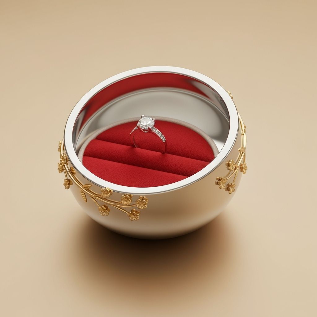 Elegant Mirrored Ring Holder with Red Fabric and Gold Embell...