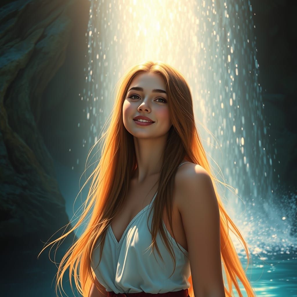 Glowing Waterfall Anime Portrait in Hyperrealistic Style