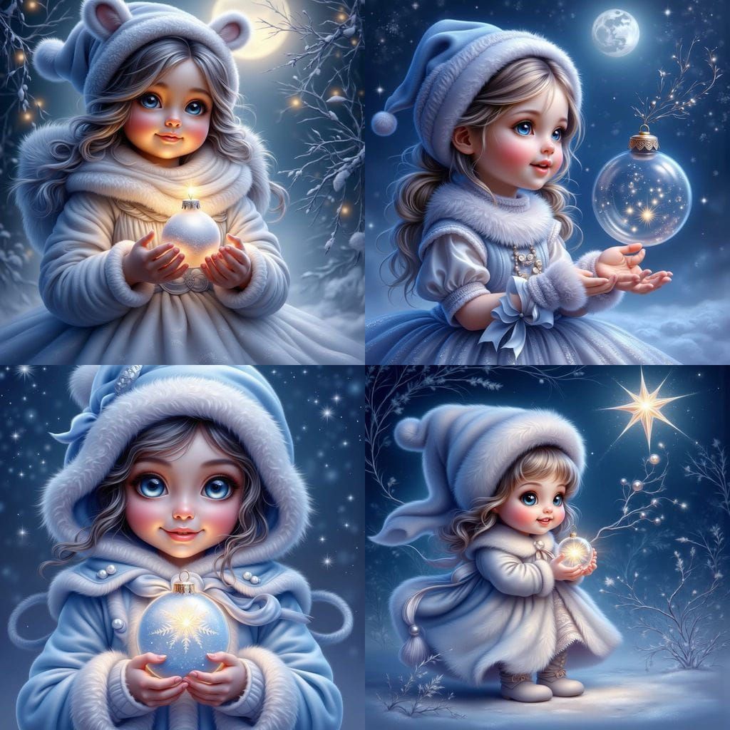 Cute Girl with Bauble in Winter Night Sky
