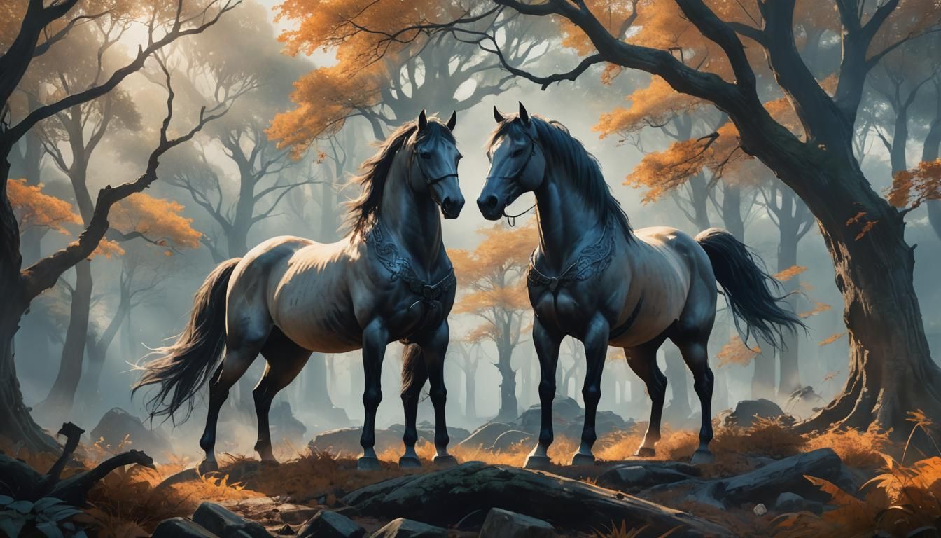 Majestic Horse in Misty Forest: Chinese Watercolor Art