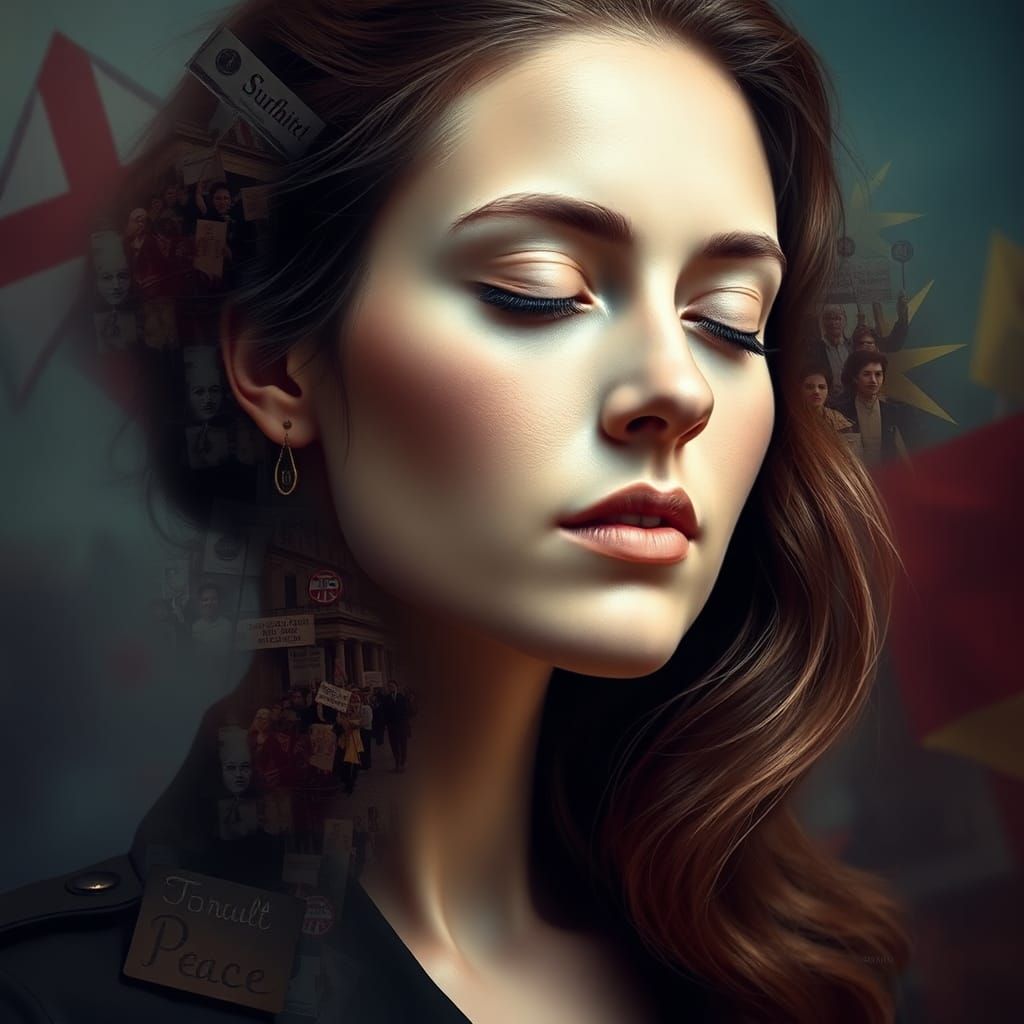 Woman Portrait with Suffragette Protest Images in Splash Art