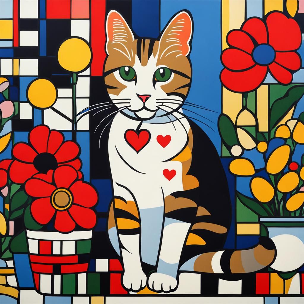 Cute Cat in De Stijl Style with Heart Lights
