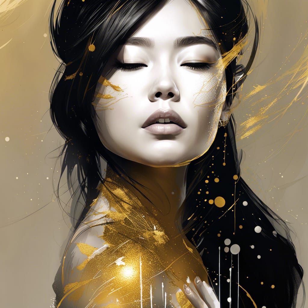 monochrome line drawing of a beautiful young Asian woman. Glitter splatter liberally applied in gold and silver only. He...