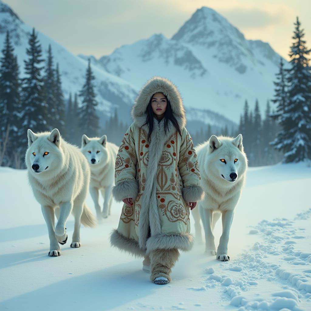 Eskimo Woman and Wolf Spirits on Tundra