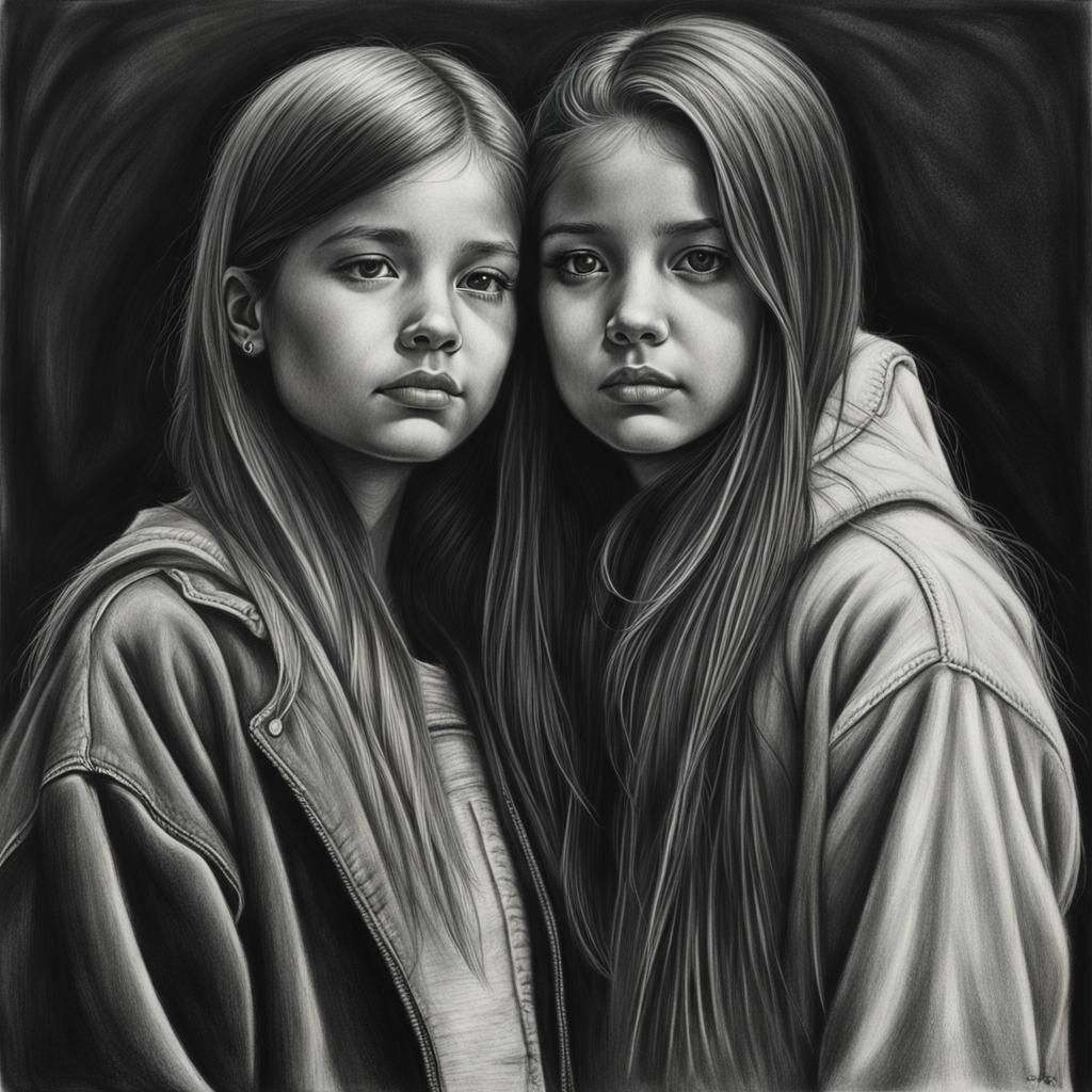 Two Girls in Love: Hyperdetailed Charcoal Drawing