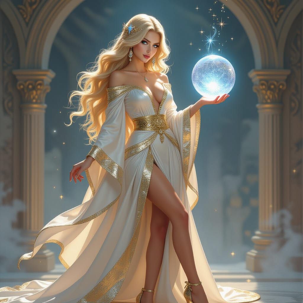 Golden Oracle with Shimmering Robe and Crystal Ball