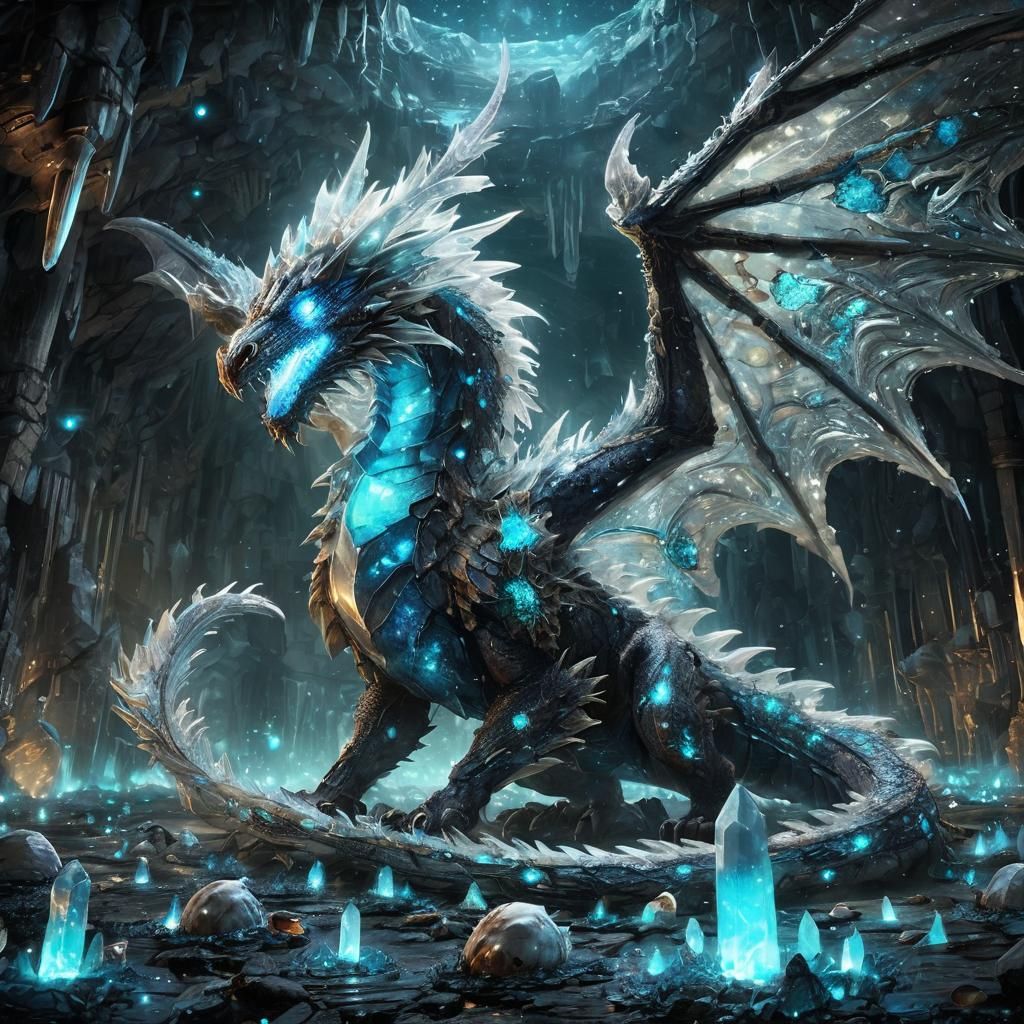 Bioluminescent Crystal Dragon in a Crystal Mine