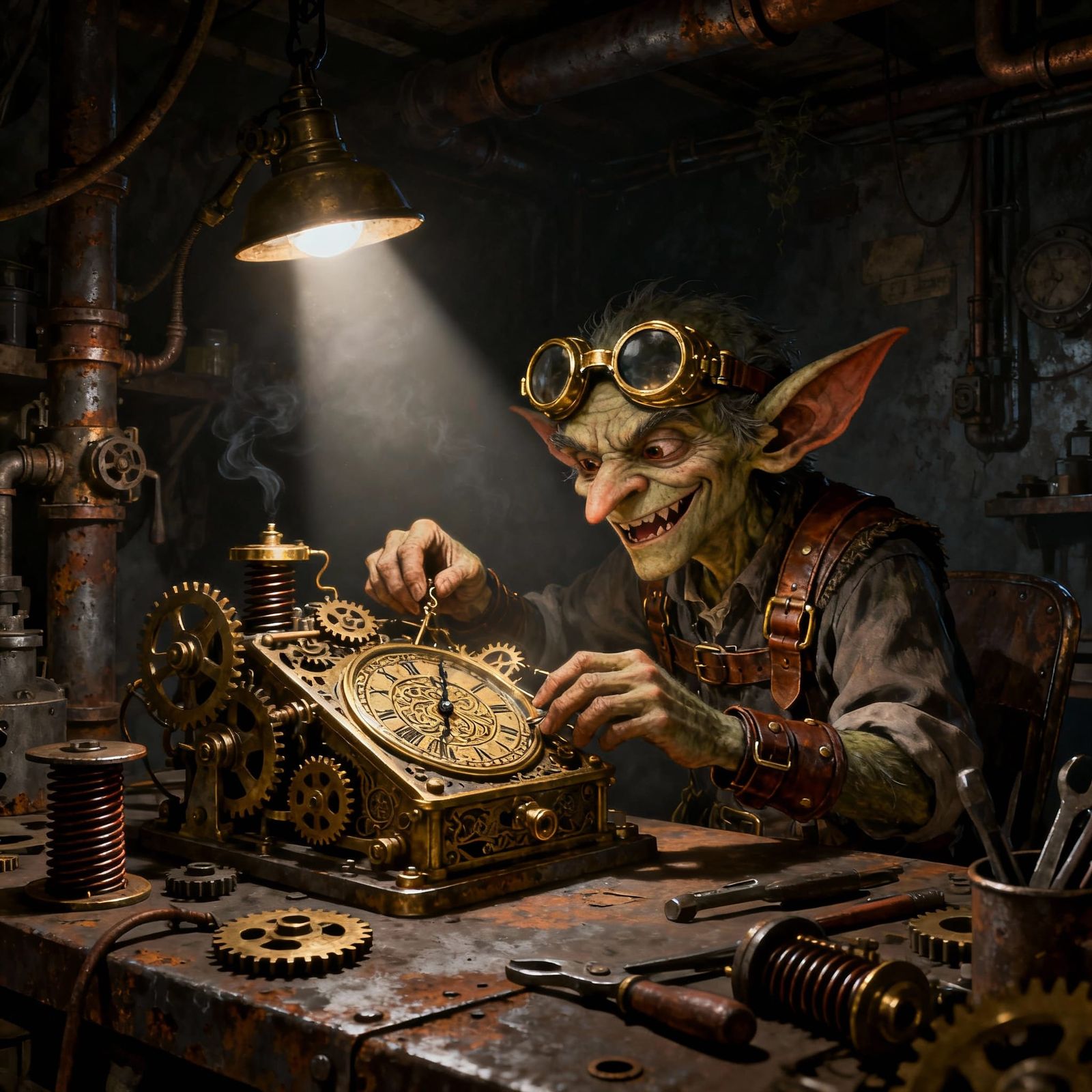 Goblin Inventor Tinkering with Clockwork Device
