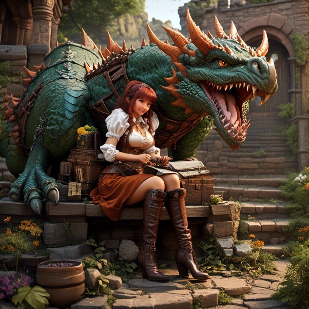 Girl Cares for Dragon in Steampunk Style