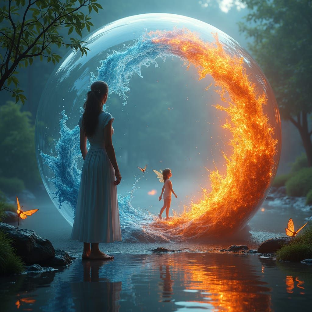 Fantastical River Scene with Fire, Water, and Fairies