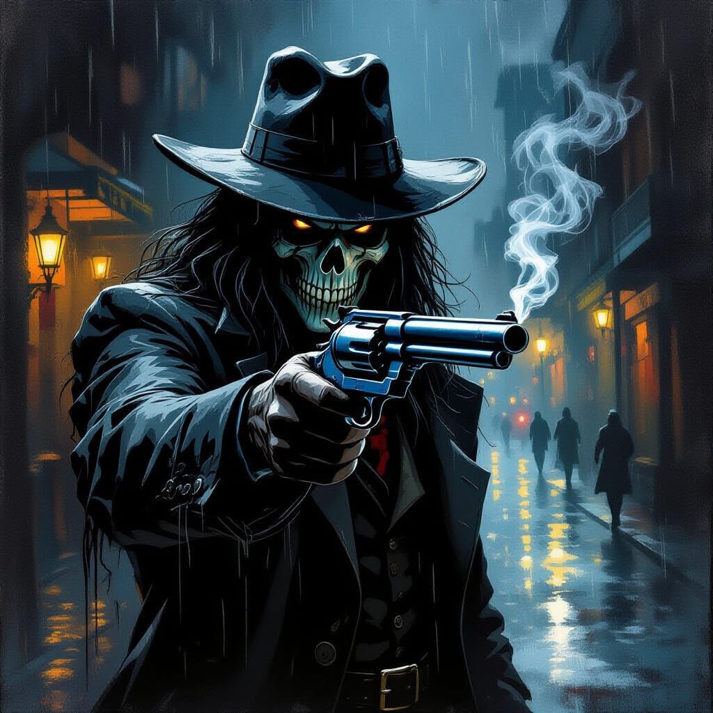 Sinister Man with Revolver in Dark Fantasy Noir