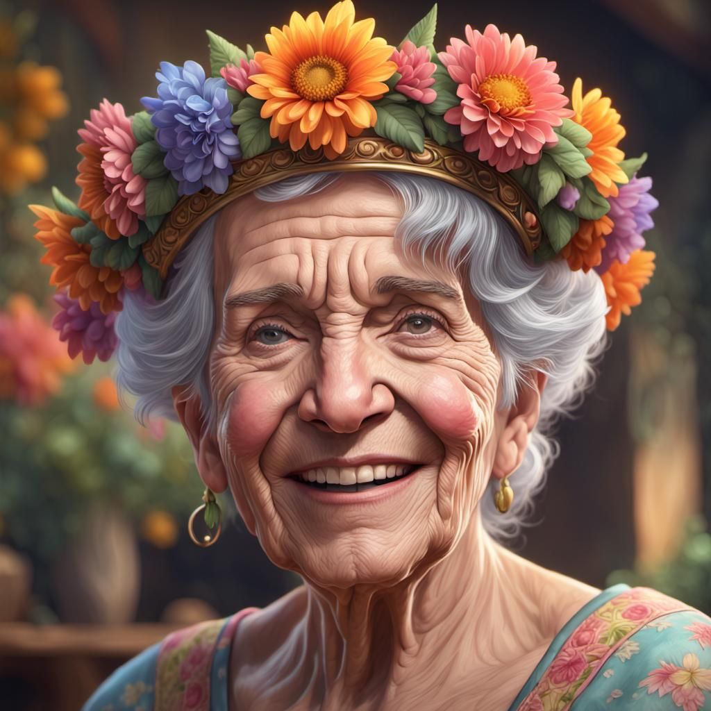 Elderly Woman with Flower Crown: Hyperdetailed Portrait