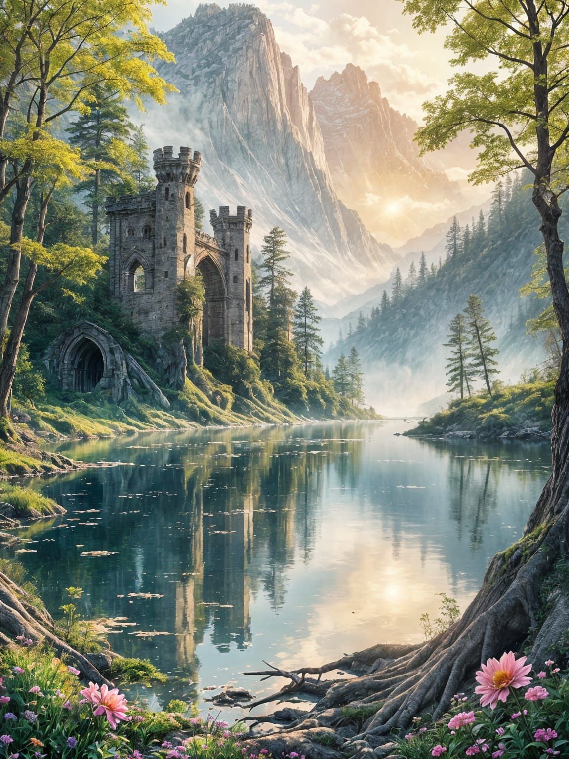 Watercolor Ruins Reflected in Mirror Lake