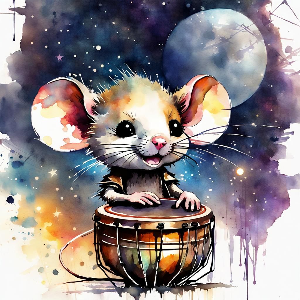 Cute Chibi Mouse Musician in Watercolor Space