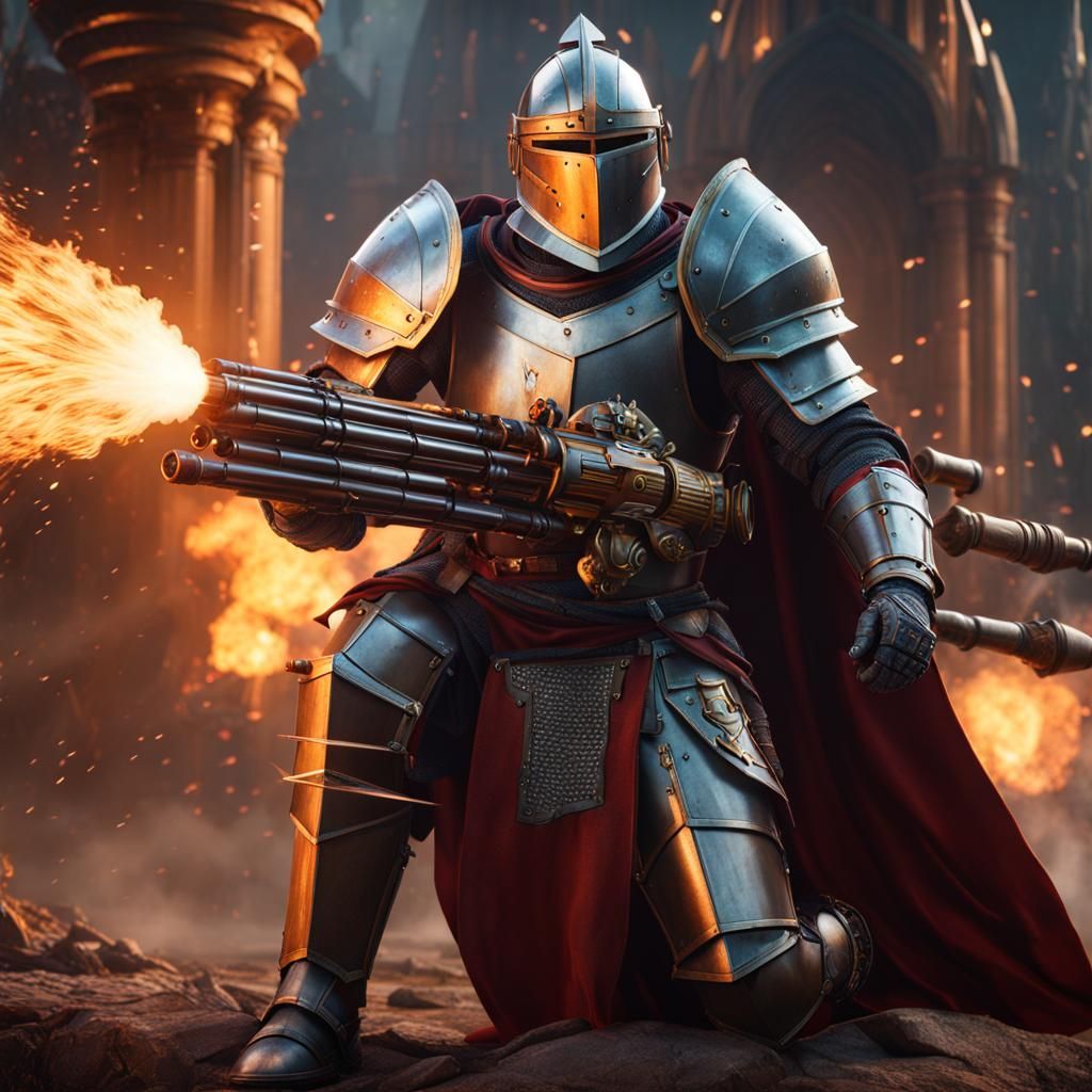 Knight in Armor Fires Rocket Launcher: Detailed Matte Painti...