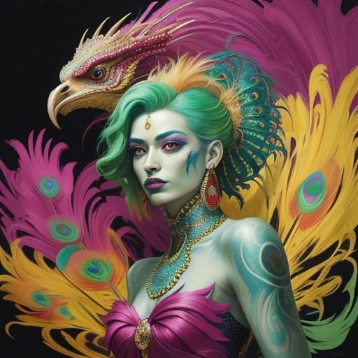 Dragon Peacock Woman in Surrealist Abstract Style