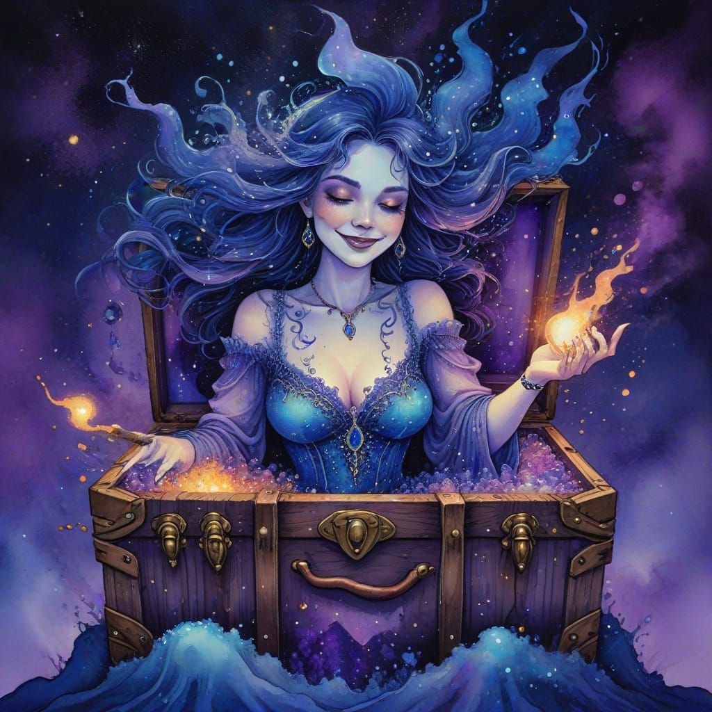 Pale Witch Unfolds Magical Scene in Whimsical Watercolor