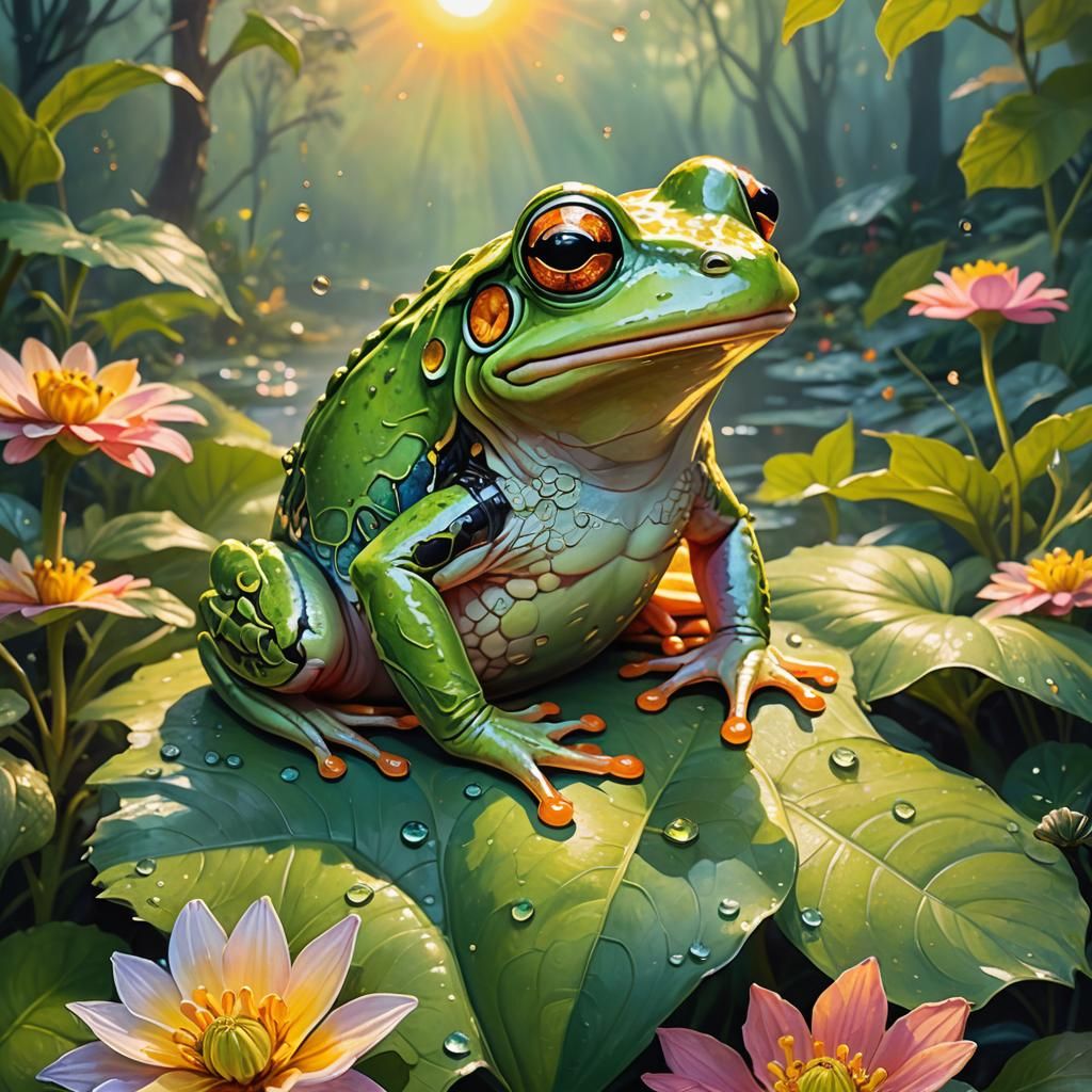 Green Frog in Fantasy Sunrise: Vibrant Oil Painting