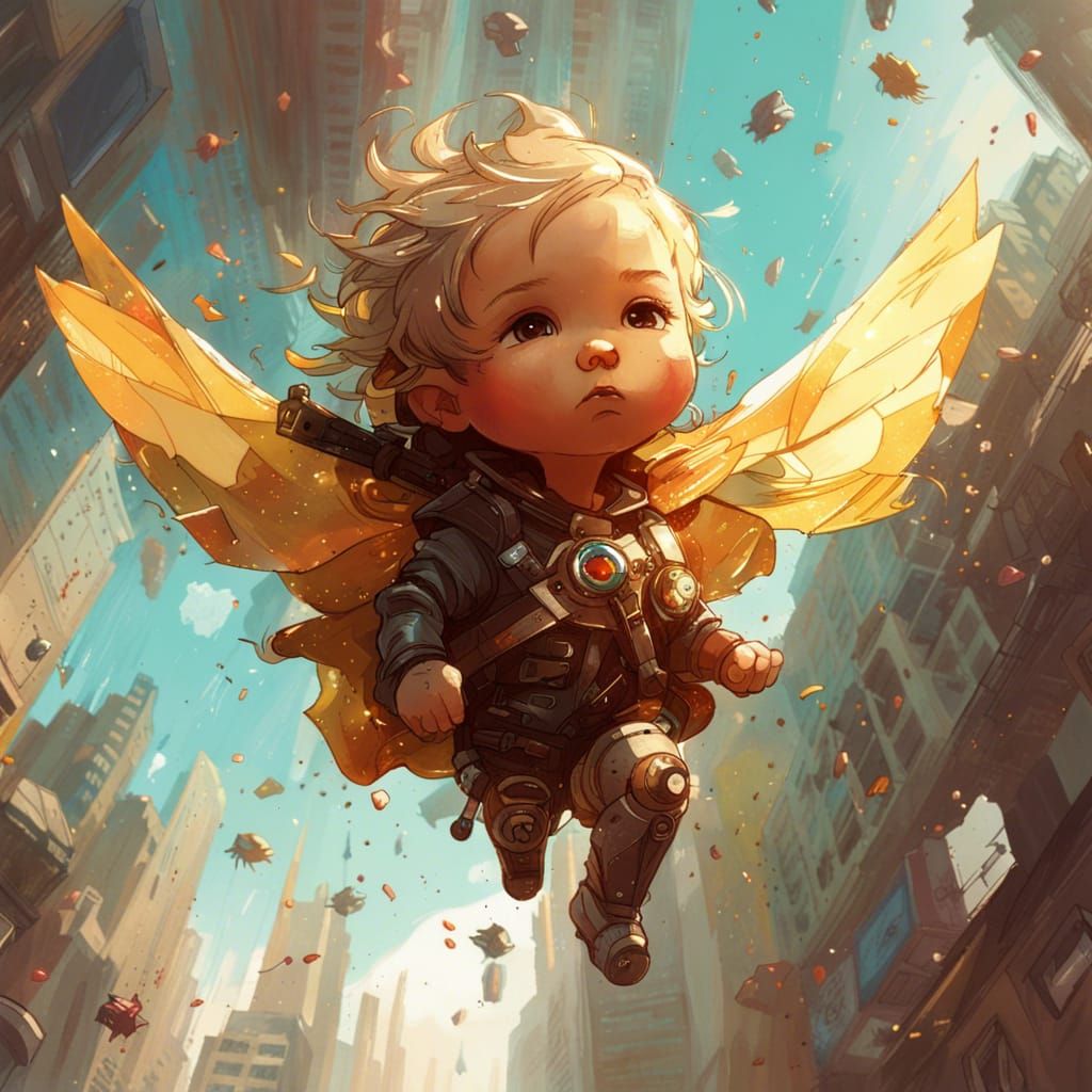 Adorable Chibi Superhero Flies in Sunny Sky