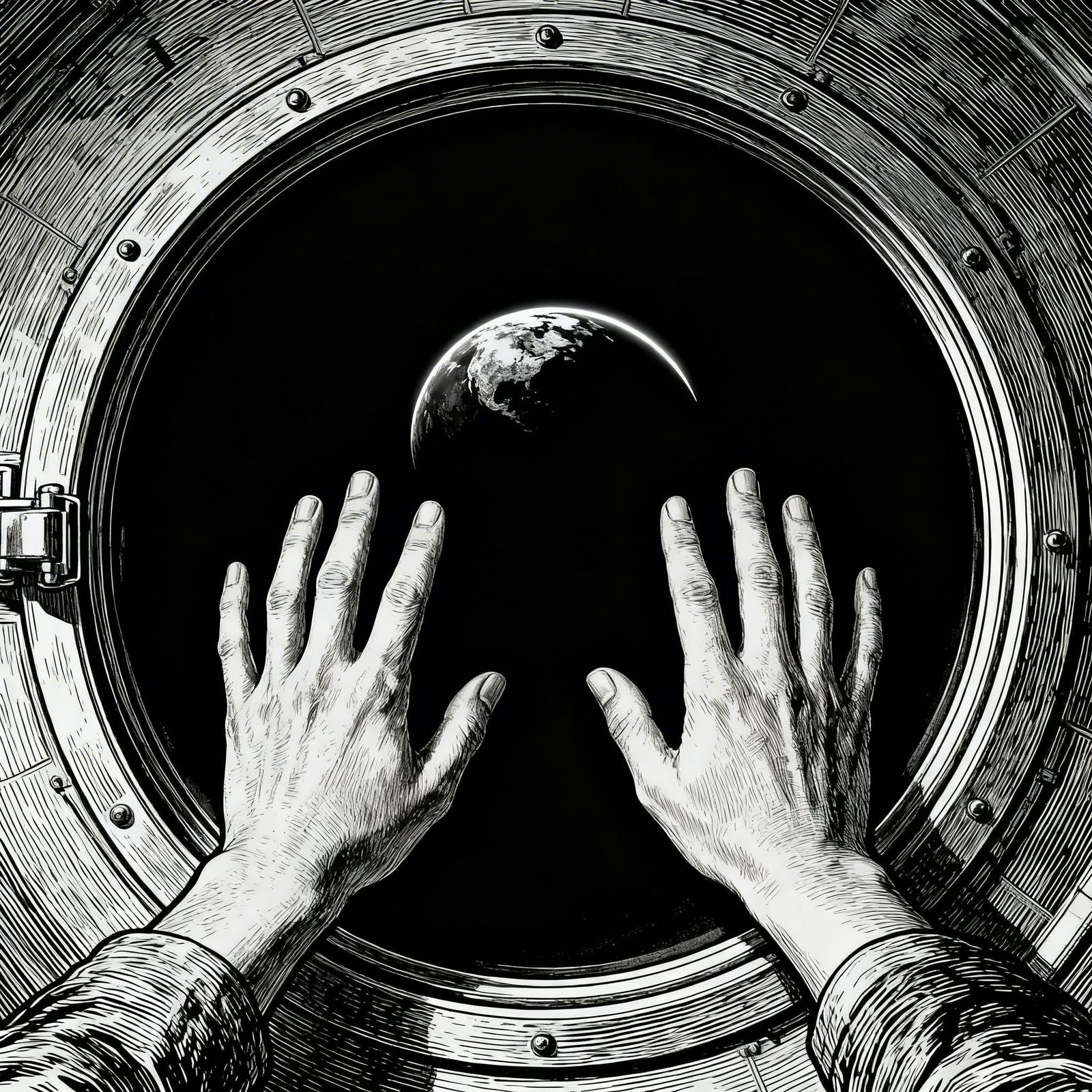 Gentle Hands Touch Earth Through Spacecraft Porthole Engravi...