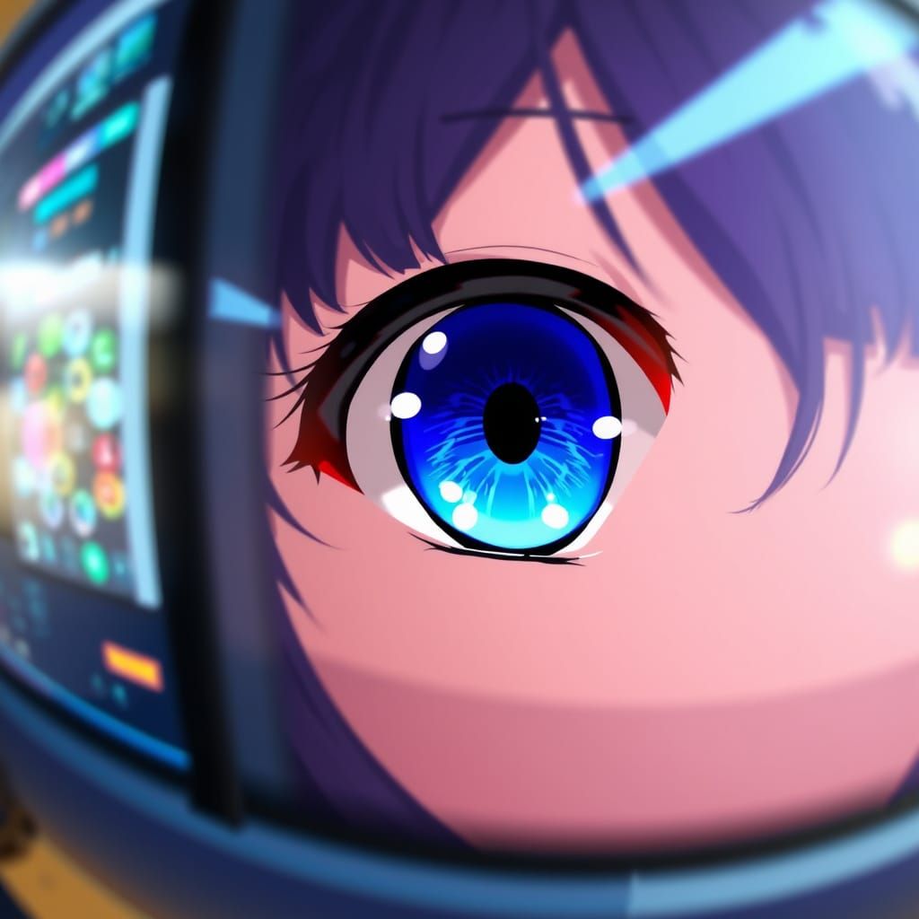 Anime Girl's Vibrant Eye Peers Out from Computer Monitor
