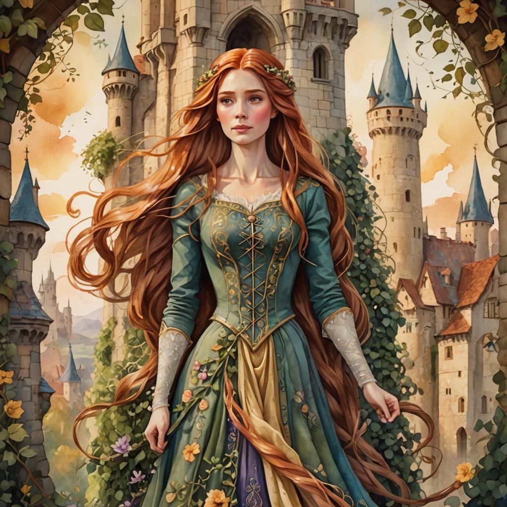 Rapunzel in Tower with Flowing Hair, Folk Art Watercolor