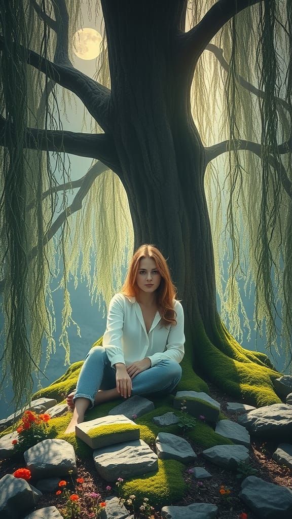 Ethereal Woman in Mystical Willow Glade