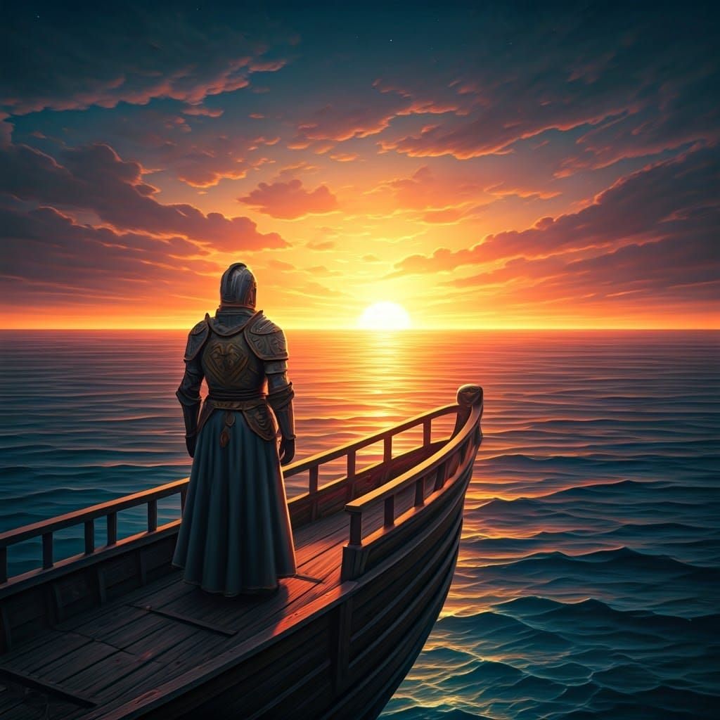Knight Gazing at Sunset in Dreamlike Fantasy World