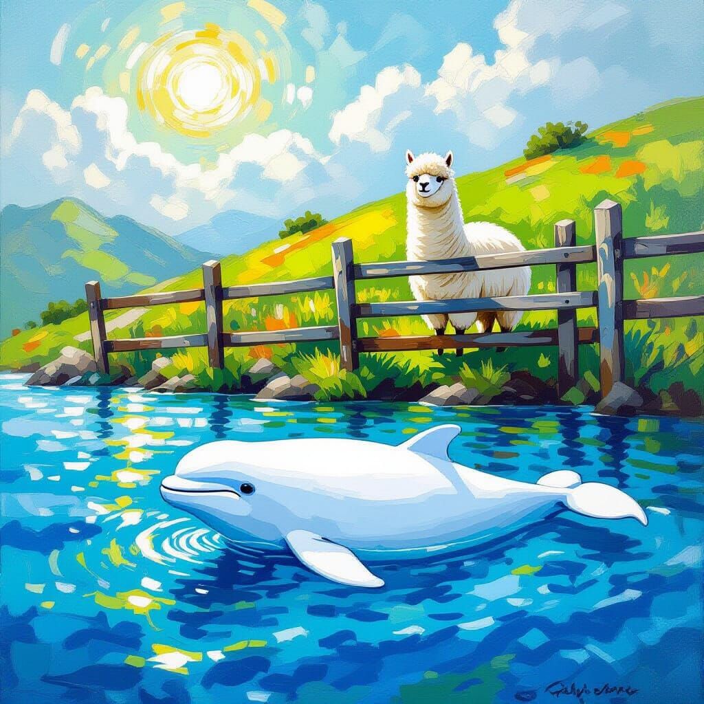 Beluga Whale and Alpaca in Sunny Landscape