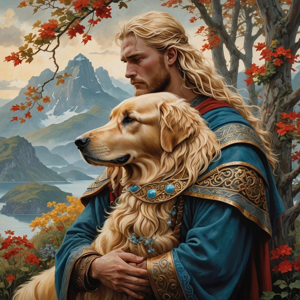 Viking young man embracing his big