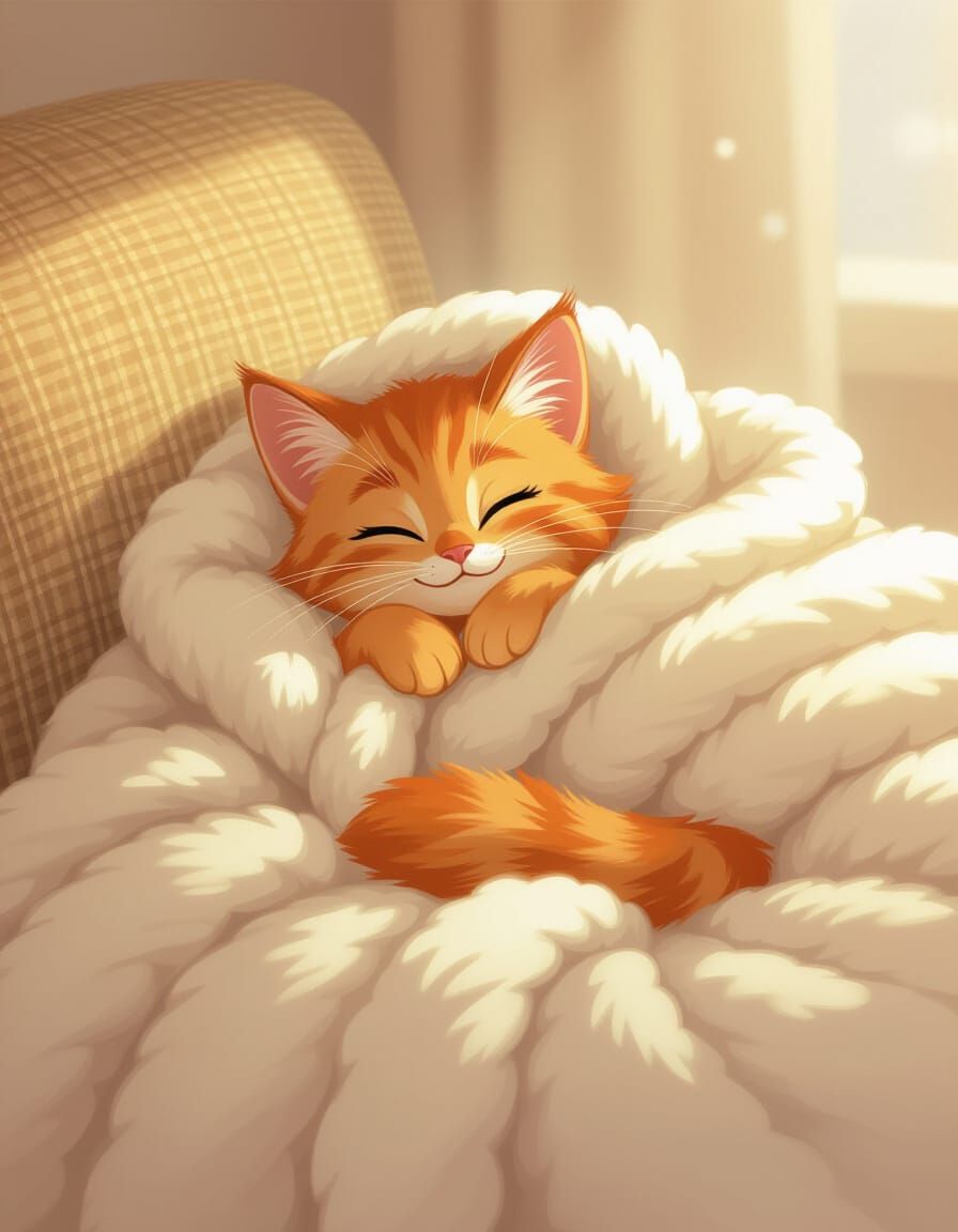 Cute Red Kitten Sleeping Peacefully on Sofa in Disney Style