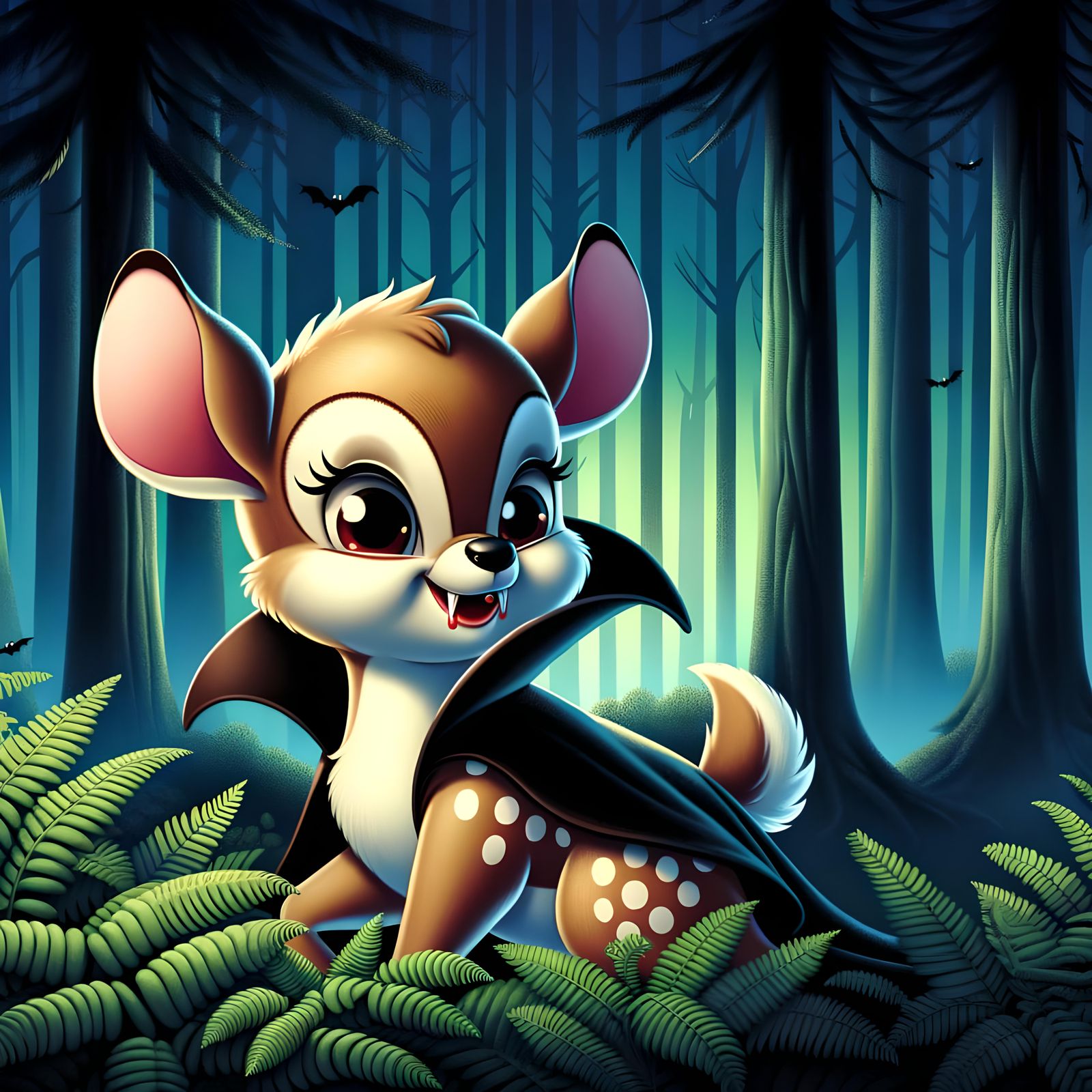 Vampire Bambi in Atmospheric Forest: CGI Cartoon