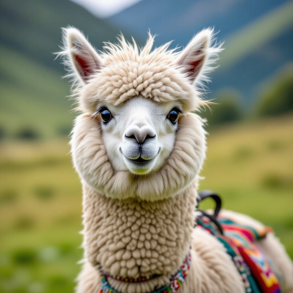 Smiling Alpaca Portrait with Colorful Harness