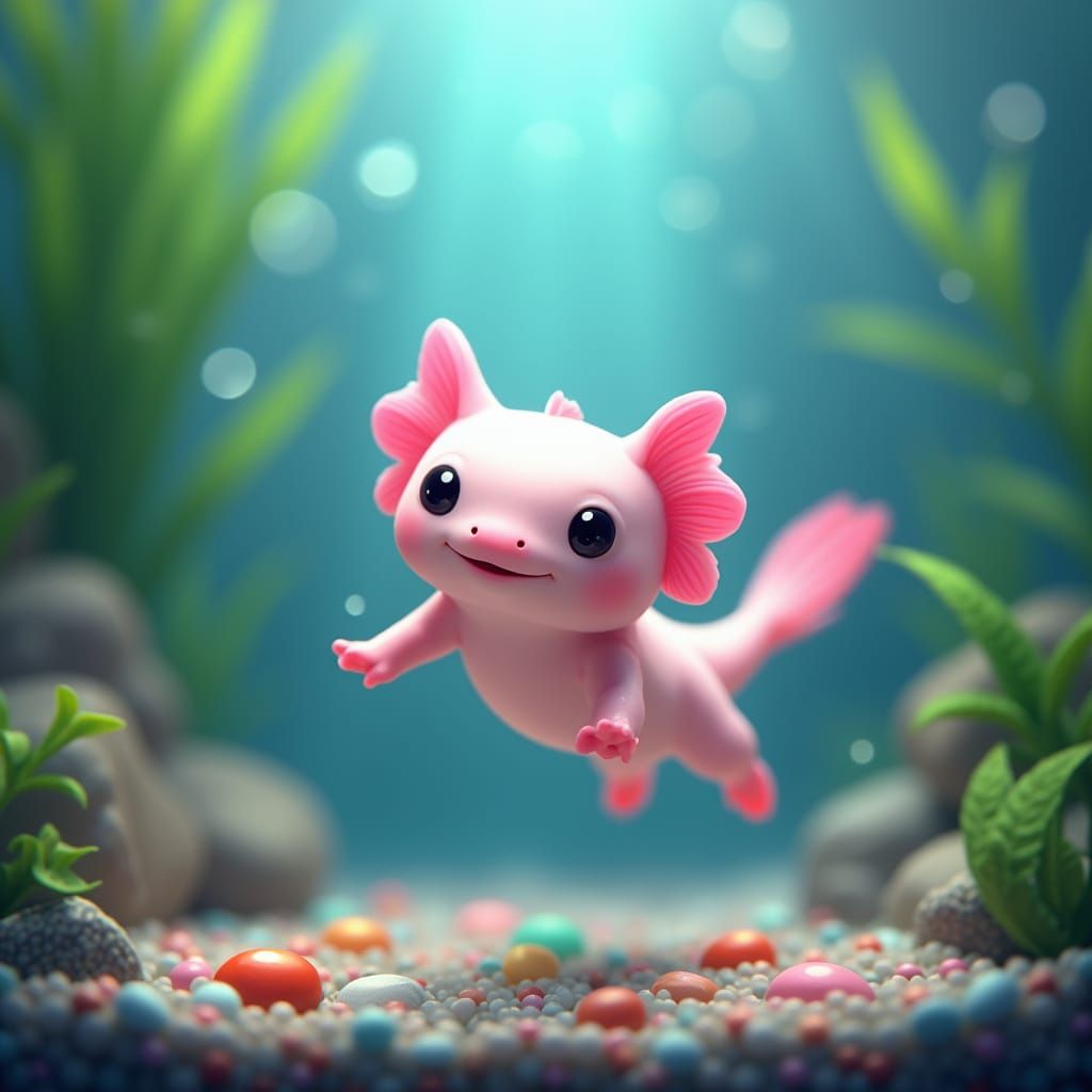 Cute Axolotl Swimming in Magical Aquarium